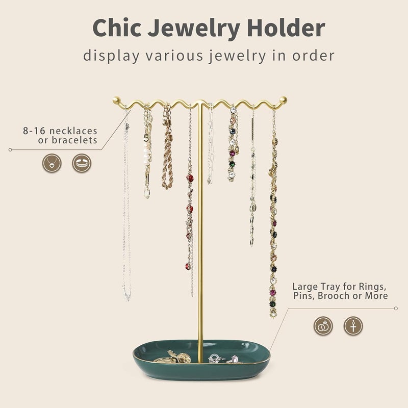 Saydear Elegant Jewelry Holder Tree Stand with Ceramic Tray - Metal Necklace Holder Organizer for Rings Bracelets Earrings - Tangle Free, Rustproof Decorative Display for Vanity Dresser Emerald Green - Image 5